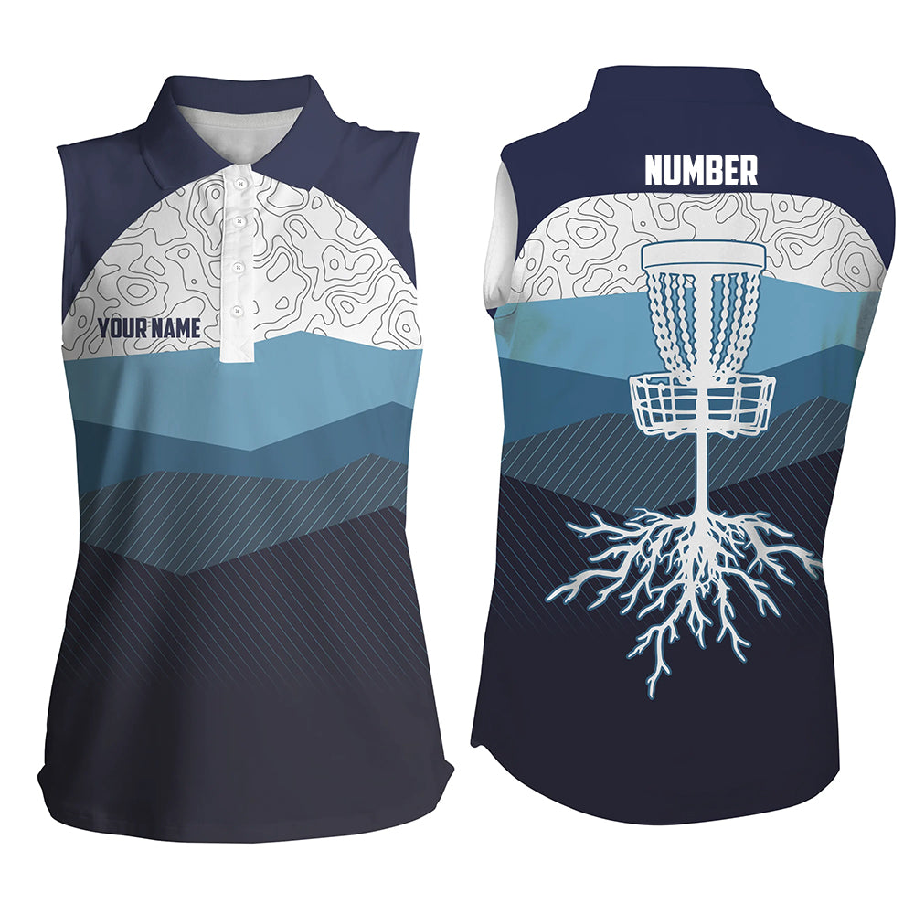 Navy Blue Mountains Disc Golf Womens Sleeveless Polo Shirt Custom Disc Golf Shirt For Women Golf Gift LDT0470