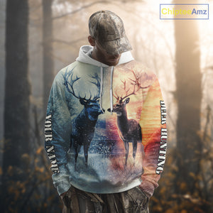 Deer Hunting in snow American flag Long sleeve, Hoodie Shirt NHT02