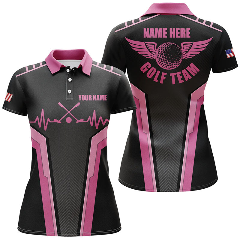 Customized Womens Golf Polo Shirts Heartbeat Black And Pink Polo Shirts For Girls, Golf Gifts LDT0026