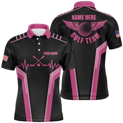 Customized Mens Golf Polo Shirts, Heartbeat Black And Pink Polo Shirts For Mens, Golfer Gifts LDT0026