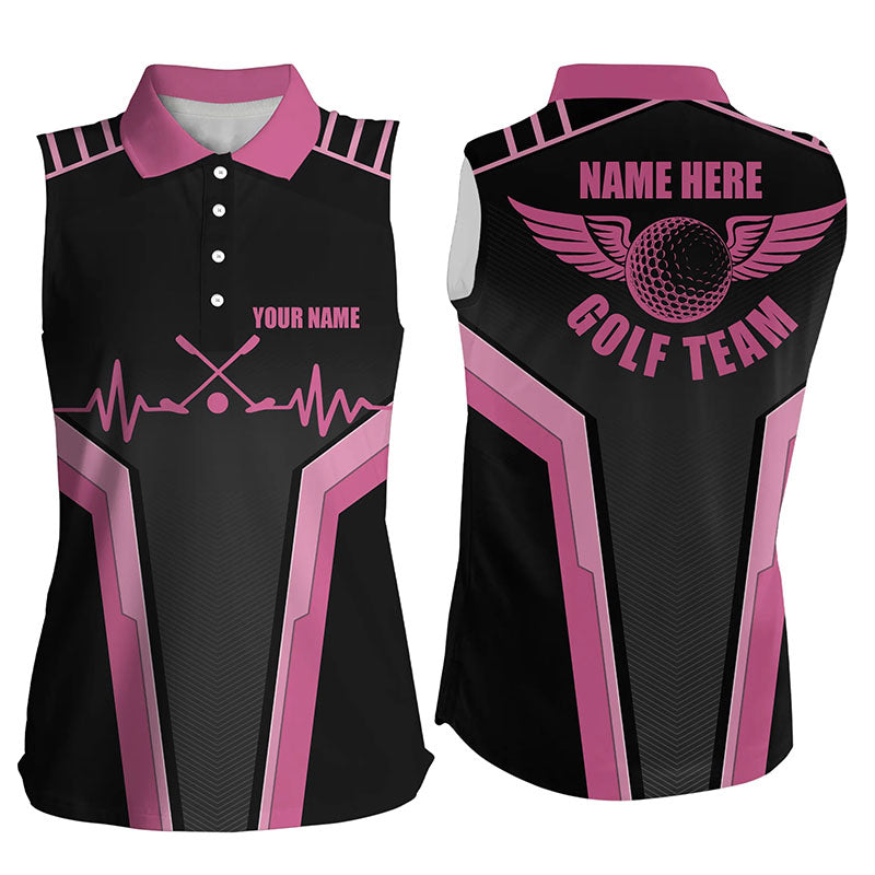 Customized Womens Sleeveless Golf Polo Shirts, Heartbeat Black Pink Polo Shirts For Girls, Golf Gifts LDT0026