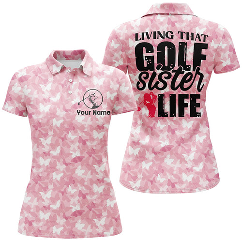 Womens Pink Butterfly Custom Name Golf Polo Shirt Cute Golf Tops For Ladies, Golfer Gifts LDT0247