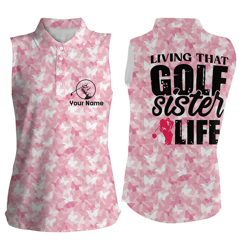 Womens Pink Butterfly Custom Name Sleeveless Golf Polo Shirt Cute Golf Tops For Ladies, Golfer Gifts LDT0247