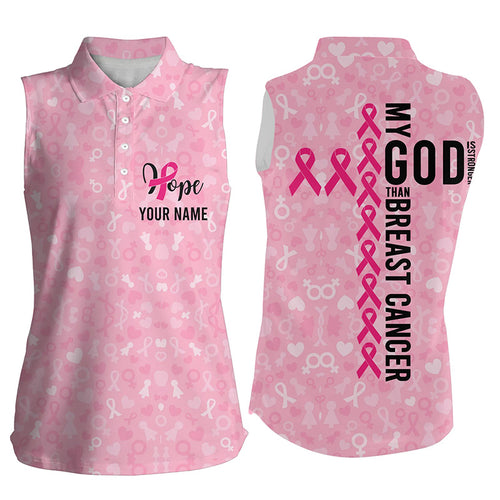 My God Is Stronger Than Breast Cancer Women Sleeveless Golf Shirt Pink Golf Top For Ladies Golf Gifts LDT0251