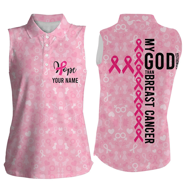 My God Is Stronger Than Breast Cancer Women Sleeveless Golf Shirt Pink Golf Top For Ladies Golf Gifts LDT0251