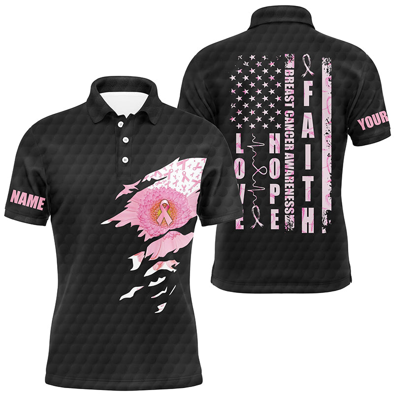 Faith Hope Love Flower Breast Cancer Awareness Mens Polo Shirts American Flag Golf Tops For Men LDT0261