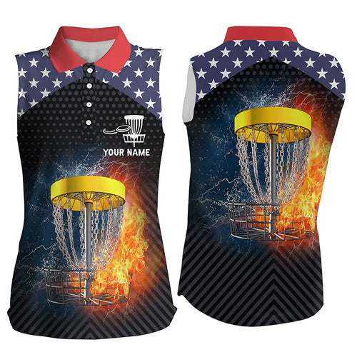 Fire And Water Disc Golf Womens Sleeveless Polos American Flag Disc Golf Tops For Women Golf Gifts LDT0159