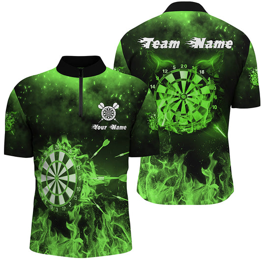 Green Fire Flame Mens Darts Quarter Zip Shirts Custom Darts Shirt For Men Dart Jerseys LDT1378