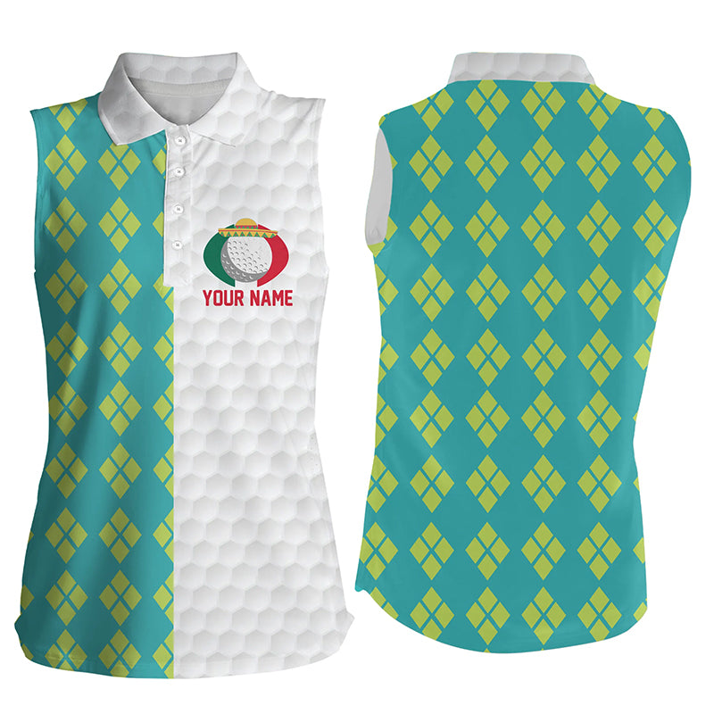 Blue Yellow Argyle Pattern Mexican Flag Sleeveless Golf Polo Shirts Patriotic Golf Shirts For Women LDT0433