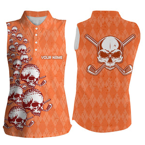 Elegant Orange Argyle Pattern Sleeveless Skull Golf Polo Shirts Custom Halloween Golf Gifts For Women LDT0439