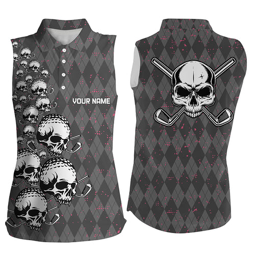 Elegant Argyle Pattern And Skull Womens Sleeveless Golf Polo Shirts Black Skull Golf Shirts For Women LDT0196