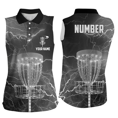 Thunder Lightning Black Grey Disc Golf Womens Sleeveless Polo Shirt Custom Disc Golf Shirts For Women LDT0486