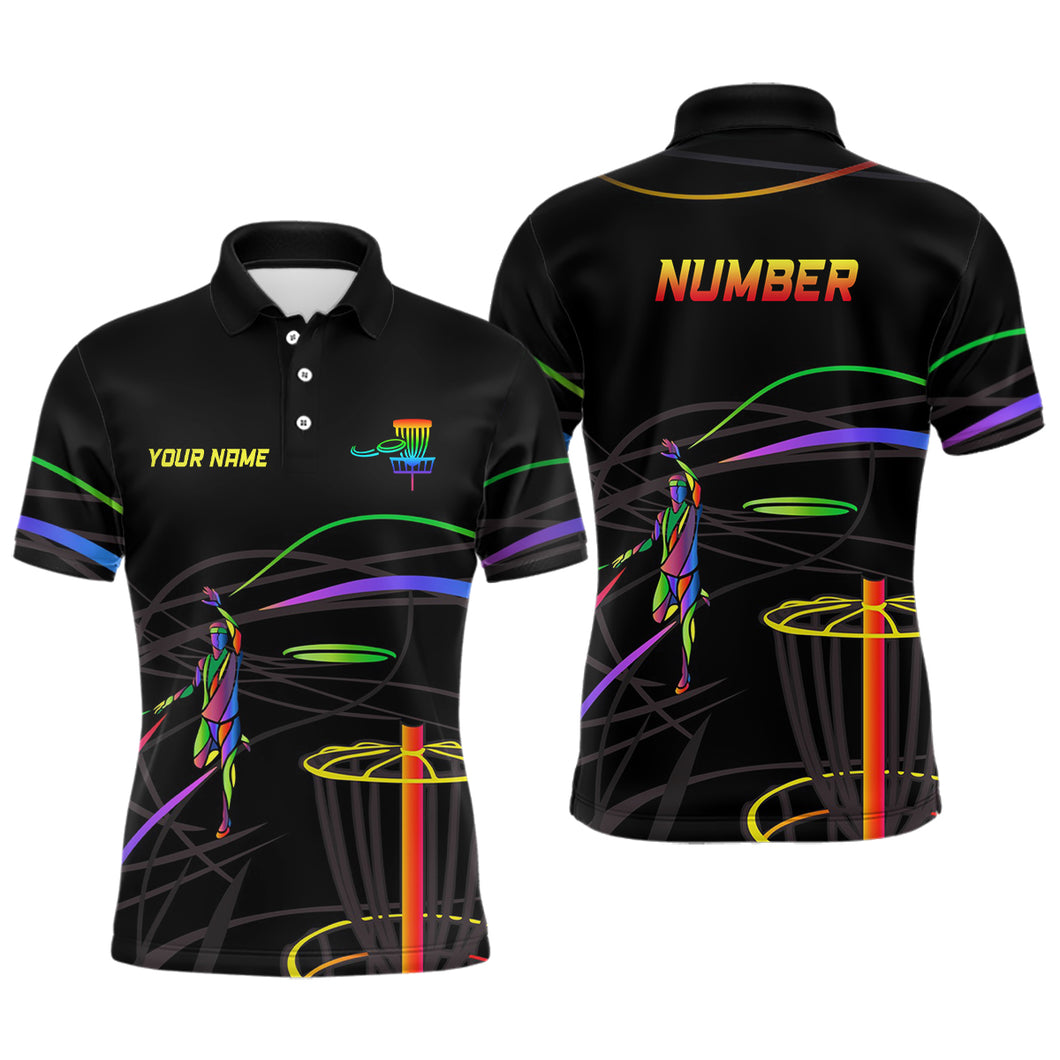 Rainbow Mens Disc Golf Polo Shirt Custom Number Disc Golf Basket Personalized Disc Golf Shirt For Men LDT1014