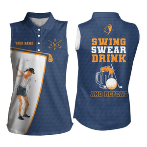 Swing Swear Drink And Repeat Navy Blue Womens Sleeveless Polo Shirt Custom Beer Golf Shirts For Women LDT0530