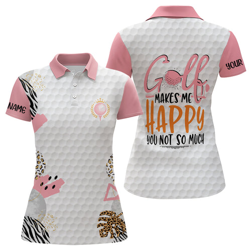 Golf Makes Me Happy Pink White Golf Polos Custom Leopard Pattern Cute Golf Tops For Women LDT0892