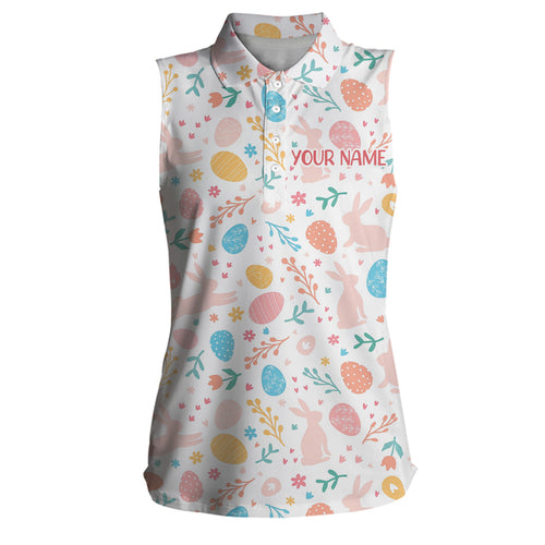 Colorful Easter Eggs & Bunnies Womens Sleeveless Polo Shirt Custom Easter Funny Golf Tops For Women LDT1339