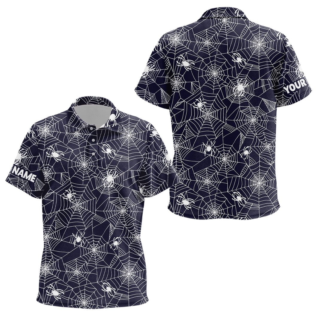 Spooky White Spiders On Cobweb Navy Halloween Golf Polo Shirts Custom Golf Gifts For Kid LDT0376