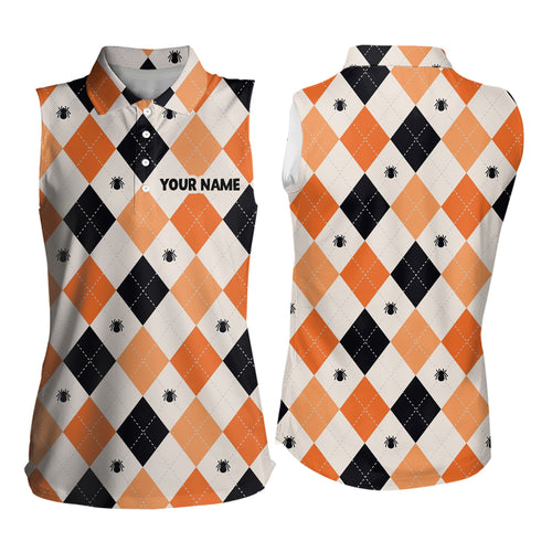 Halloween Argyle Plaid With Spider Sleeveless Golf Polo Shirts Orange Black Golf Shirts For Women LDT0378