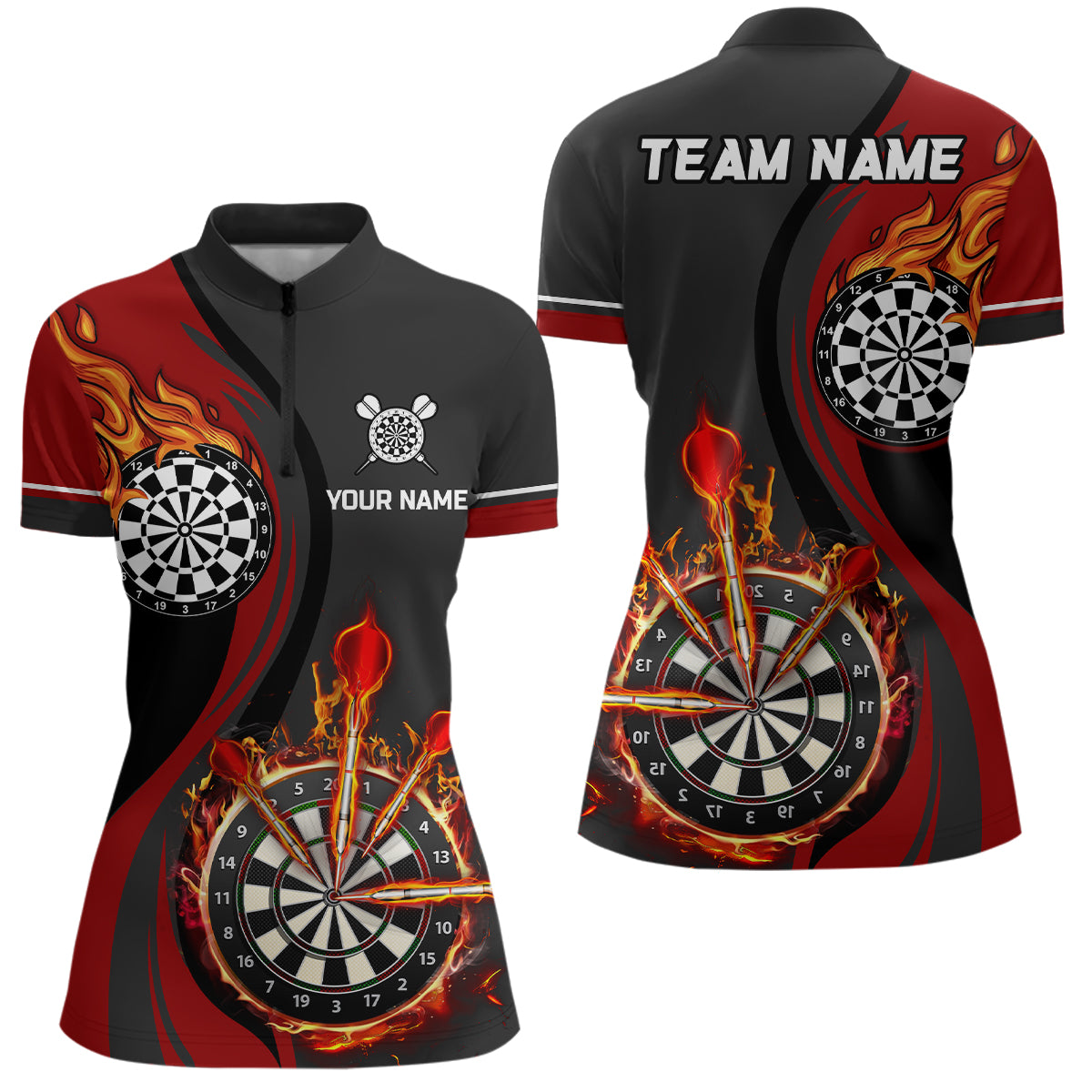 Red Fire Flame Womens Darts Quarter Zip Shirt Custom Dart Shirts For Women Dart Jerseys LDT1475