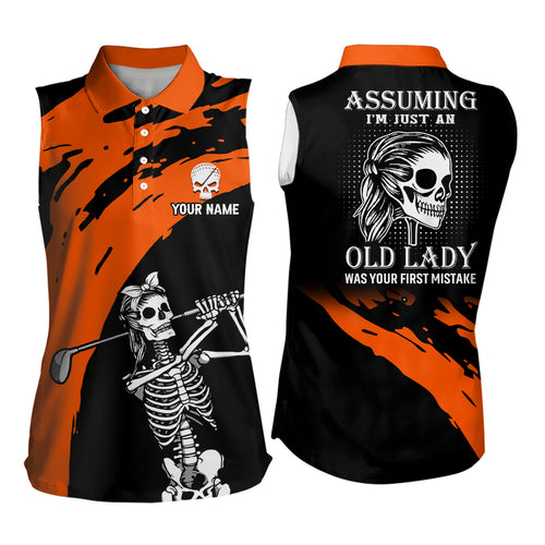 Orange And Black Womens Sleeveless Skull Golf Shirt Custom Golf Polos For Women, Halloween Golf Gifts LDT0153