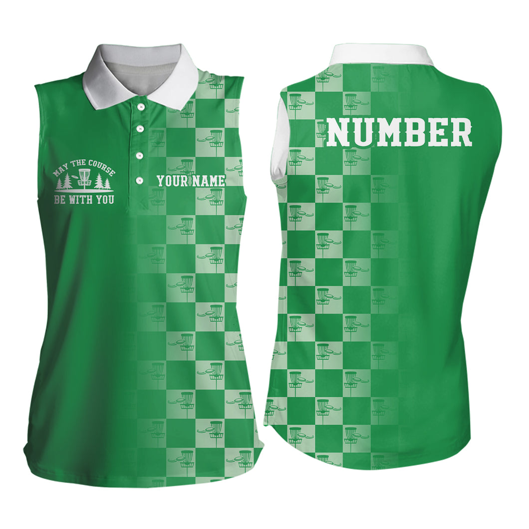 Womens Sleeveless Disc Golf Polo Shirt Gradient Green White Checkered Custom Disc Golf Tops For Women LDT0955