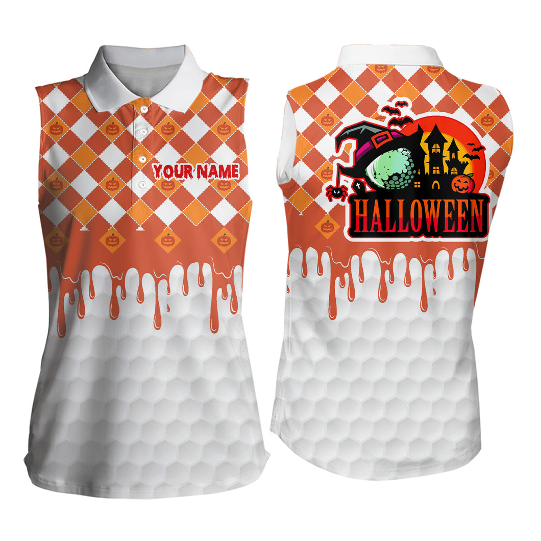 Happy Halloween Orange White Pumpkin Sleeveless Golf Polos Custom Skull Golf Tops For Women Golf Gift LDT0443