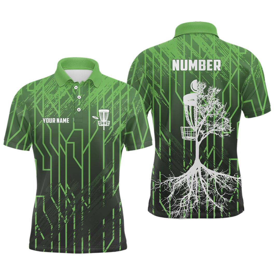 Green Retro Mens Disc Golf Polo Shirt Geometric Custom Number Disc Golf Tops For Men Disc Golf Basket LDT1012