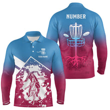 Load image into Gallery viewer, Pink Blue Silhouette Mens Disc Golf Polo Shirt Custom Disc Golf Basket Shirt For Men Disc Golf Jersey LDT1013
