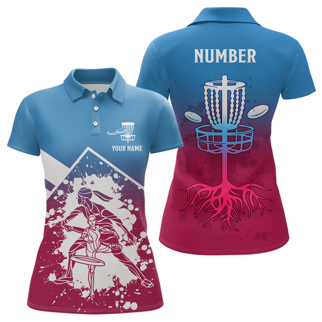 Pink Blue Silhouette Womens Disc Golf Polos Custom Disc Golf Basket Shirt Disc Golf Jersey LDT1013