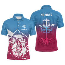 Load image into Gallery viewer, Pink Blue Silhouette Mens Disc Golf Polo Shirt Custom Disc Golf Basket Shirt For Men Disc Golf Jersey LDT1013