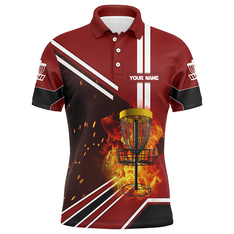 Disc Golf Basket On Fire And Water Red Polo Shirts, Custom Flame Disc Golf Shirts For Men LDT0222