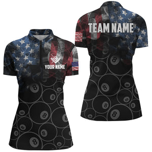 Personalized Vintage Smoke US Flag Billiard Quarter-Zip Shirts For Women, 8 Ball Pool Team Jerseys VHM0695