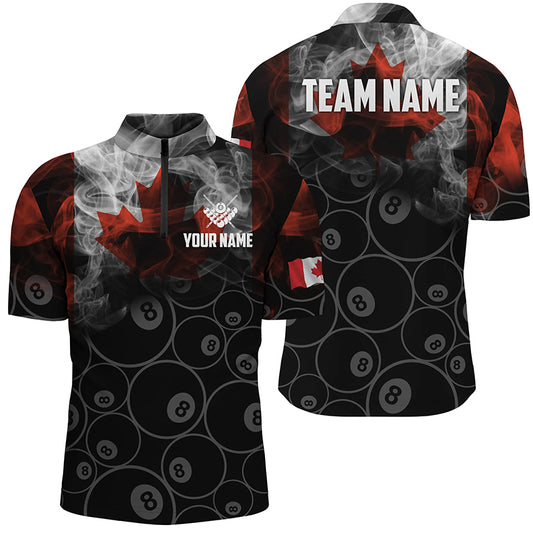 Personalized Vintage Smoke Canadian Flag Billiard Quarter-Zip Shirts For Men, 8 Ball Pool Shirts VHM0696