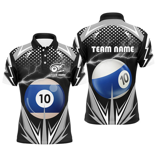 Personalized Thunder Black 10 Ball Billiard 3D Polo Shirts For Men, 10 Ball Billiard Team Jerseys VHM0966