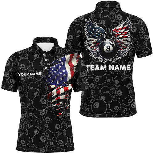 Personalized US Flag 8 Ball Billiard 3D Polo Shirts For Men, Funny Billiard 8 Ball Wings Jerseys VHM1000