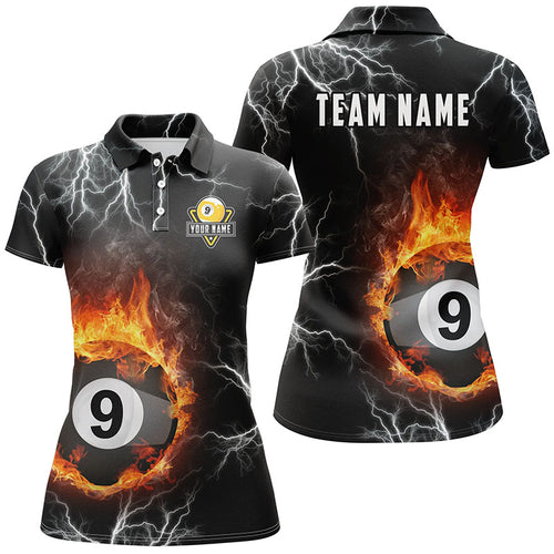 Personalized Billiard 9 Ball Fire Flame Polo Shirts For Women, Custom 9 Ball Pool Billiards Jerseys VHM0110