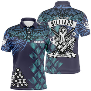 Personalized Blue Tribal Pattern Billiard Championship 3D Polo Shirts For Men, 8 Ball Pool Jerseys VHM0385