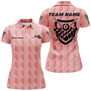 Personalized 8 Ball Billiards Pink 3D Polo Shirts For Women, Custom Name Players Billiards Jerseys VHM0394