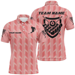 Personalized 8 Ball Billiards Pink 3D Polo Shirts For Men, Custom Name Players Billiards Jerseys VHM0394