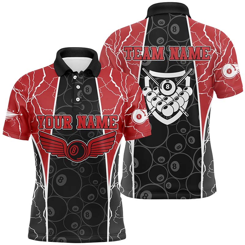 Personalized Red Lighting 8 Ball Billiard 3D Polo Shirts For Men, Custom Pool Billiards Jerseys VHM0398