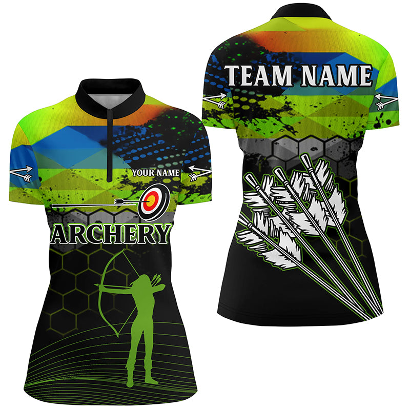 Personalized Green Colors 3D Arrows Archery Quarter-Zip Shirts For Women, Silhouette Archer Shirts VHM0649