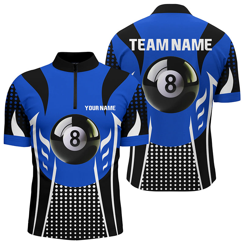 Personalized Blue Black 8 Ball Billiard 3D Quarter-Zip Shirts For Men, Billiard 8 Ball Pool Jerseys VHM1038