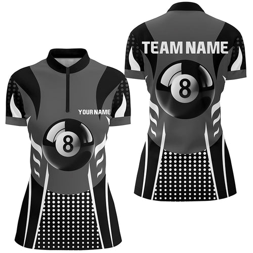 Personalized White Black 8 Ball Billiard 3D Quarter-Zip Shirts For Women, Billiard 8 Ball Pool Jersey VHM1039