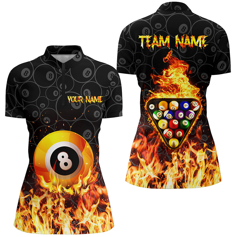 Personalized 3D Yellow Flame 8 Ball Pool Quarter-Zip Shirts For Women, Fire Billiard Balls Jerseys VHM0803