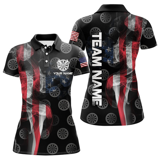 Personalized Smoke US Flag Dart Polo Shirts, Custom Patriotic Darts Shirts For Women Dart Jerseys VHM1100