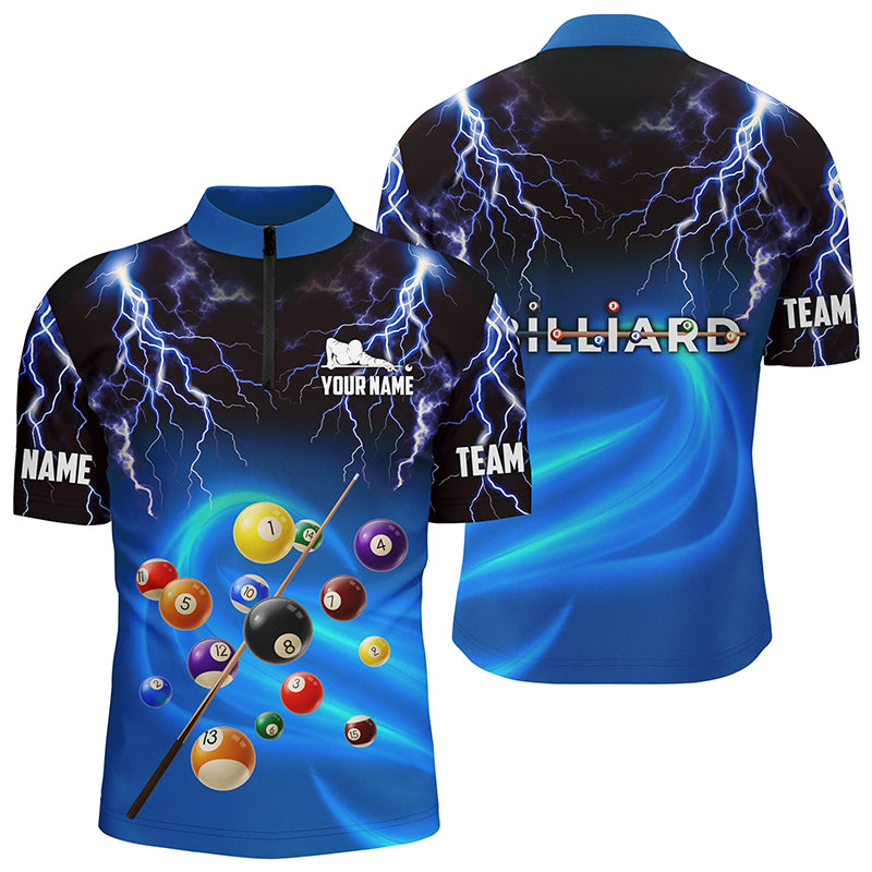 Personalized 3D Thunder Lightning Blue Billiard Balls Quarter-Zip Shirts For Men, Billiards Shirts VHM0813
