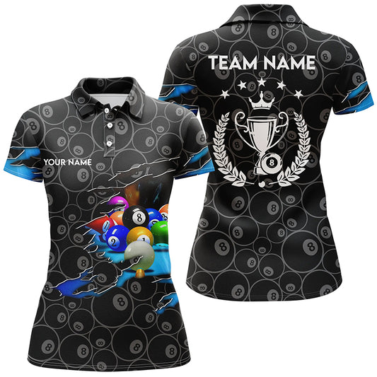 Personalized Billiard Player 3D Polo Shirts For Women, Custom 8 Ball Pool Trophy Emblem Jerseys VHM0234