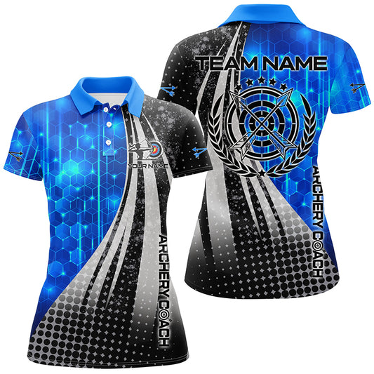 Personalized Blue Black Archery Coach 3D Polo Shirts For Women, Custom Target Archery Team Shirts VHM0708