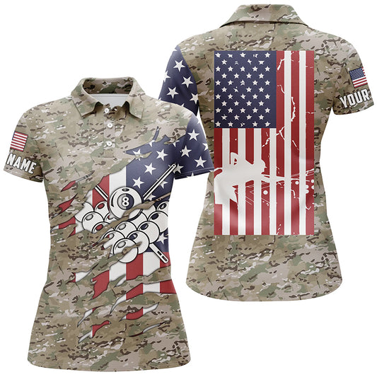 Personalized Camouflage US Flag Billiard Balls Polo Shirts For Women, Custom 8 Ball Billiard Jerseys VHM0085