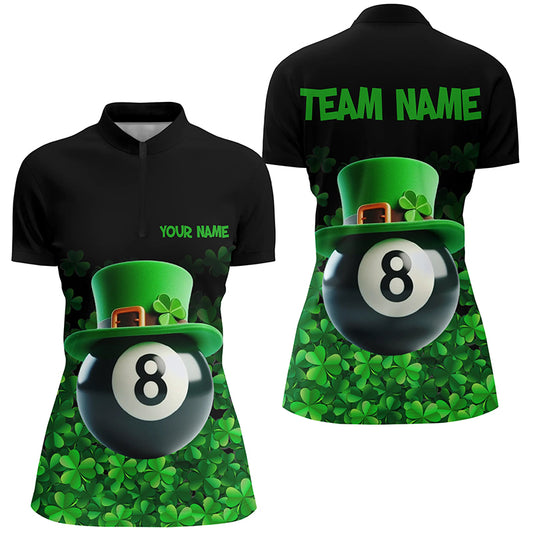 Personalized St Patrick's Day 8 Ball Pool Quarter-Zip Shirts For Women, Shamrock Billiard Team Shirts VHM0996